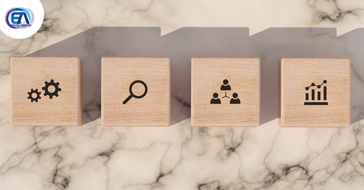 conceptual business illustration with wooden blocks icons marble background